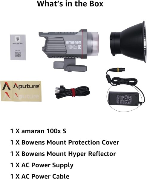 Aputure amaran 100x S Bi Color Bowens Mount Point Source LED Video Light  100W Output 2700 6500k 30 500lux 1m Bluetooth App Control 9 Built in Lightin Lighting