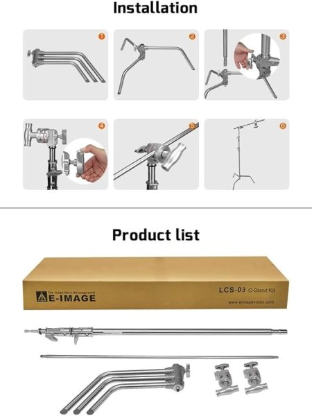 E Image LCS 03 C Steel Light C Stand with Detachable Base Grip Kit   Extension Arm     20kg  9 5ft  40in Light Stands