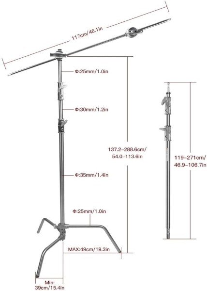 E Image LCS 03 C Steel Light C Stand with Grip Kit and Extension Arm   Heavy Duty   Portable Light Stands