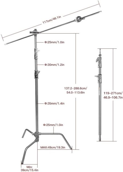 E Image LCS 03 C Steel Light C Stand with Detachable Base Grip Kit   Extension Arm     20kg  9 5ft  40in Light Stands