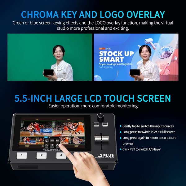 FEELWORLD L2 PLUS Multi Camera Video Mixer Switcher with 5 5  Touch Screen  PTZ Control  Chroma Key  and Live Streaming Others