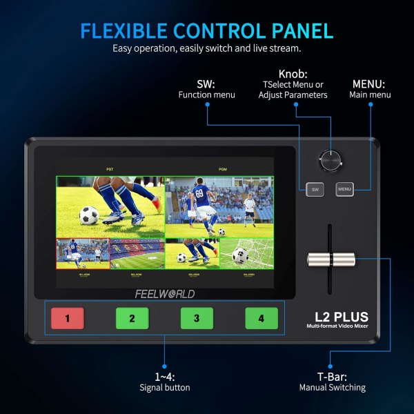 FEELWORLD L2 PLUS Multi Camera Video Mixer Switcher with 5 5  Touch Screen  PTZ Control  Chroma Key  and Live Streaming Others