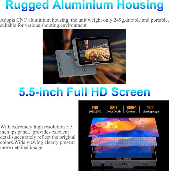 FEELWORLD P6X 5.5 Inch Aluminum Camera Monitor â€“ 1920x1080 Full HD, 1000nits Brightness, 160Â° Wide Viewing Angle, Touchscreen, 4K 60Hz HDMI Input/O Pro Videos