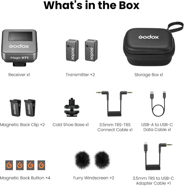 Godox Magic XT1 2 4GHz Wireless Dual Microphone System with Type C Adapter Flashes Trigger & Remote