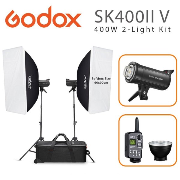 Godox SK400II Studio 2 Head Kit with Softboxes  Stands  and Wireless Control Lighting