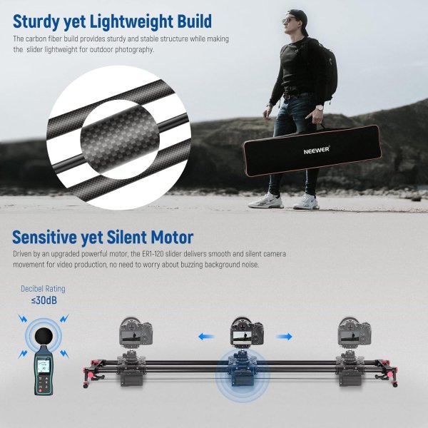 NEEWER 47.2”/120cm Motorized Camera Slider – App Wireless Control Carbon Fiber Dolly Rail, Video, Time Lapse, Horizontal, Tracking & 120° Panoramic Sh Lens & Accessories