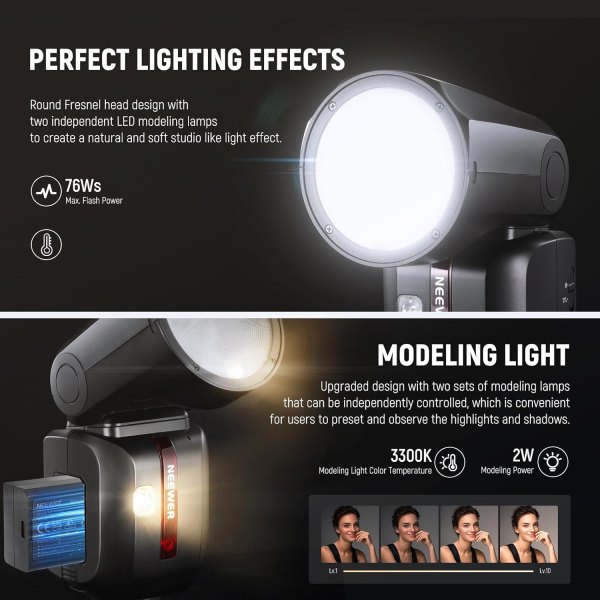 NEEWER Z2 C 2 4G TTL Round Head Flash Speedlite for Canon     76Ws 1 8000s HSS with Dual Modeling Lamps Flashes Trigger & Remote