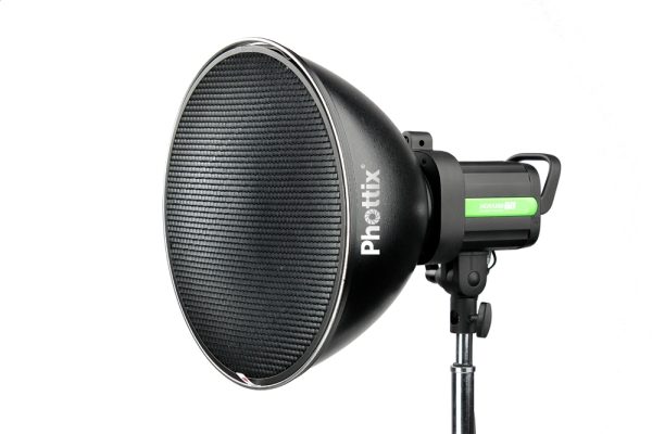 Phottix Wide Angle Reflector with Grid   Diffuser   Bowens Mount  35cm  Silver Lighting