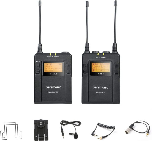 Saramonic UWMIC9 RX9 TX9 UHF Wireless Lavalier Microphone System with Portable Dual Channel Camera Mountable Receiver Black  1 Bodypack TX   1 RX Professional Audio