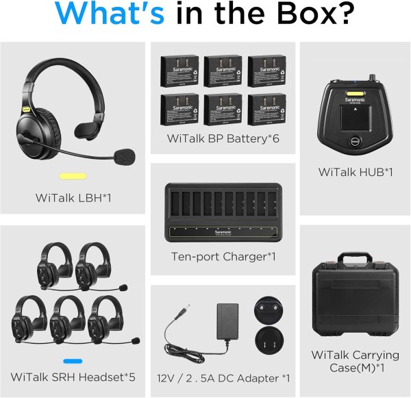 Saramonic WiTalk WT6S Full Duplex Wireless Intercom System for 6 Person Communication  1 Wired Lightweight Backband Headset   5 Remote Single Ear Head Professional Audio