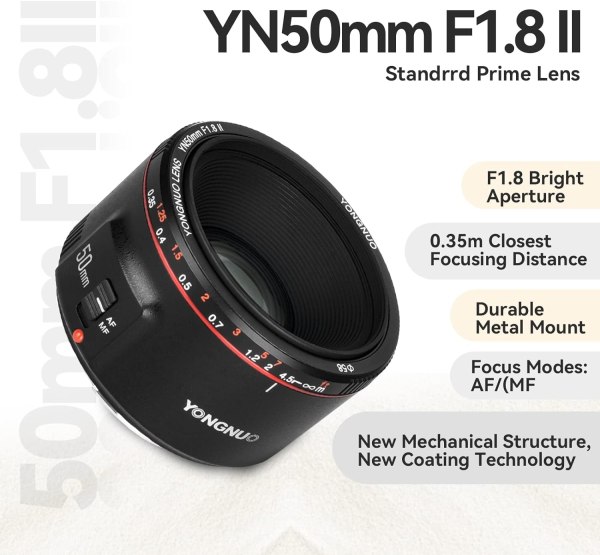 Yongnuo YN50MM F1 8 II AF MF 0 35M Focus Distance Standard Prime Lens Black for Canon 5D IV 1DX I 200D II 850D 7D 6DII Lens & Accessories